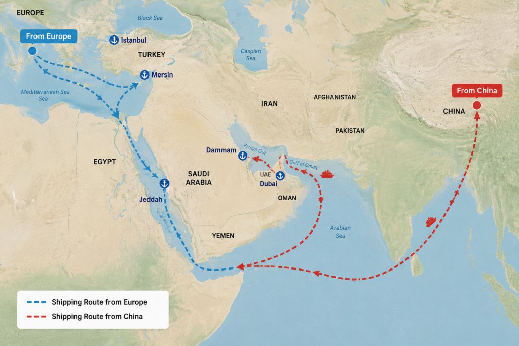 Cellulose Ether Export to Middle East A map of the Middle East with shipping routes pointing from China and Europe