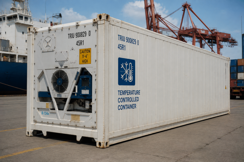 Temperature-Controlled Container for Cellulose Ether A temperature-controlled shipping container at a port