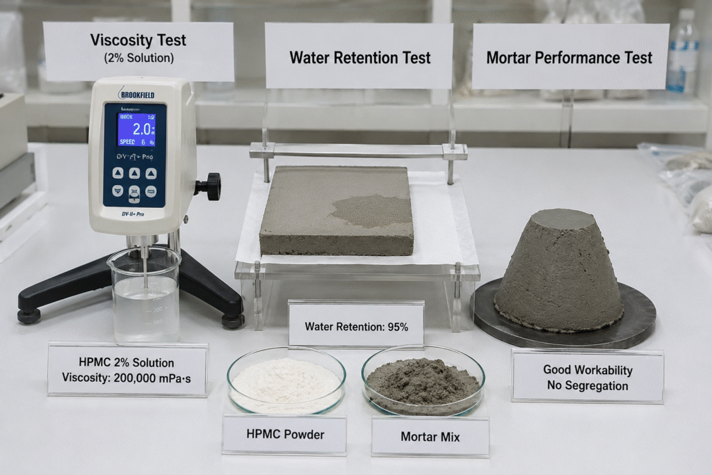construction grade HPMC testing for viscosity water retention and mortar performance