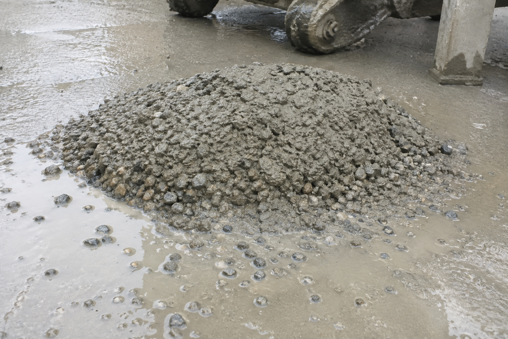 Concrete segregation showing separated aggregates and water