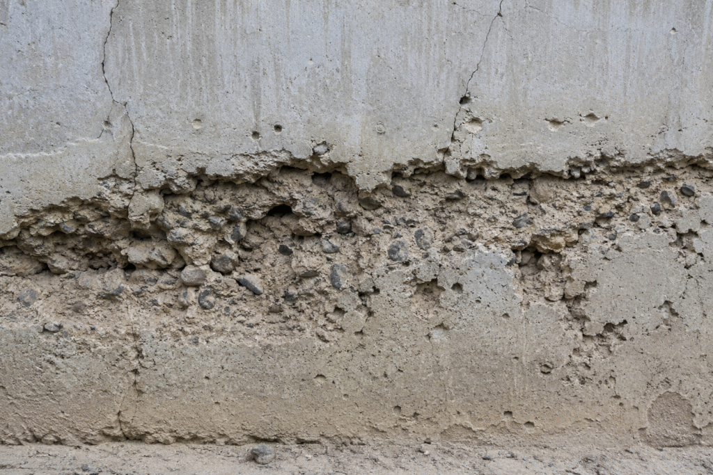Cracked concrete surface showing segregation damage