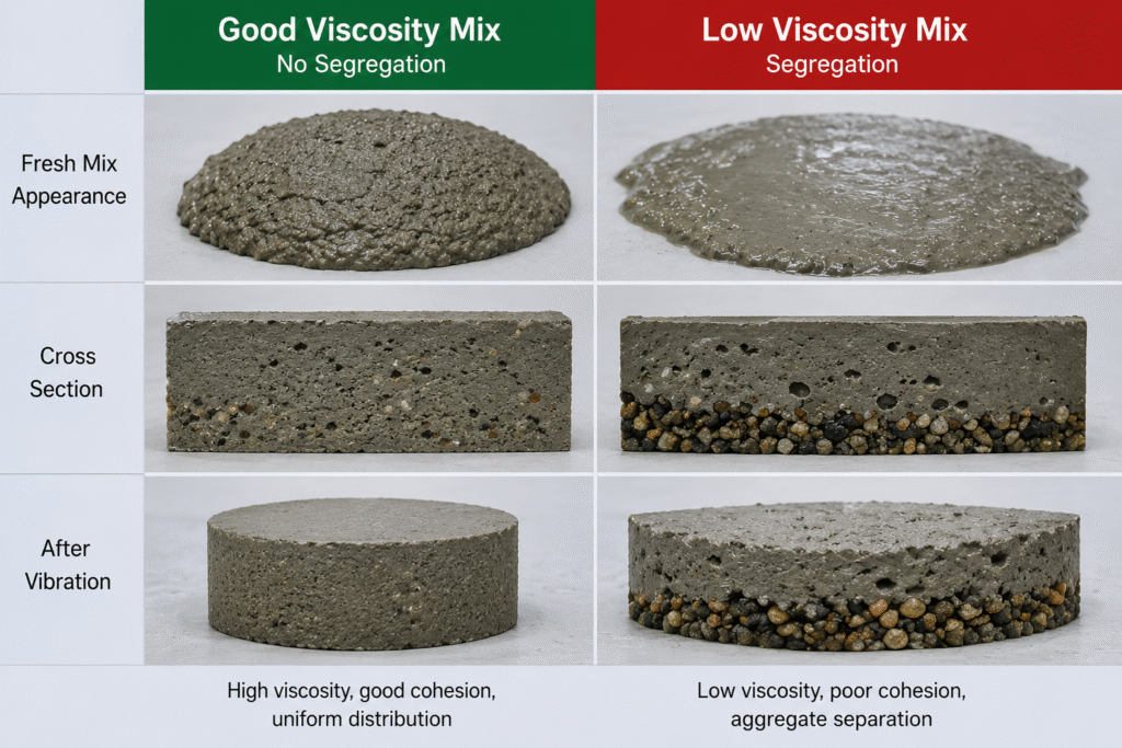 Viscosity comparison showing proper vs segregated concrete