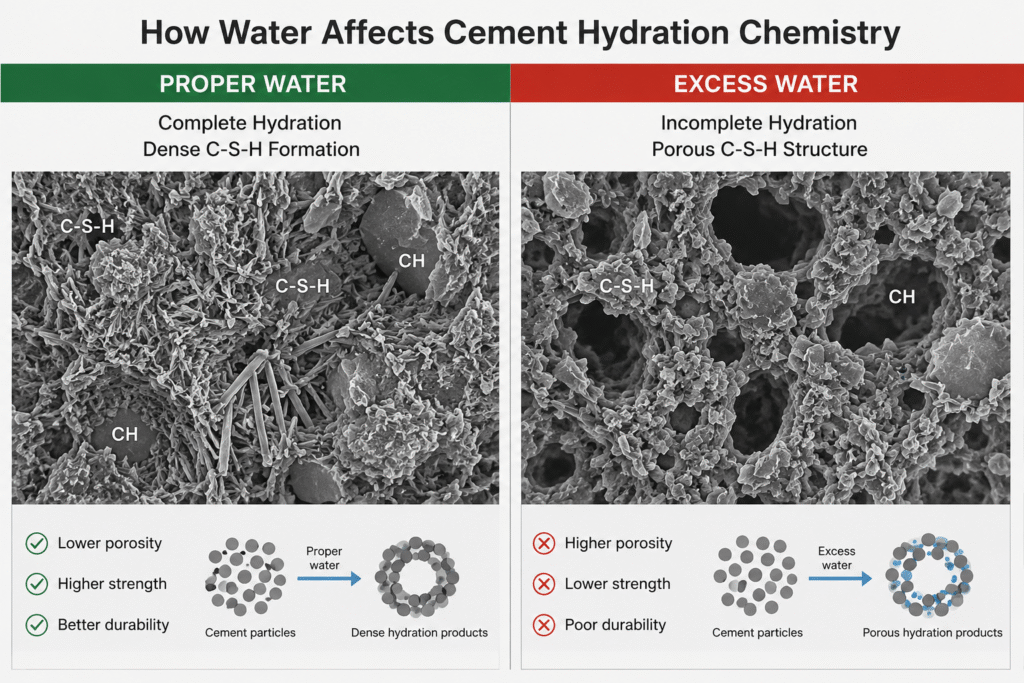 Cement hydration process with proper vs excess water