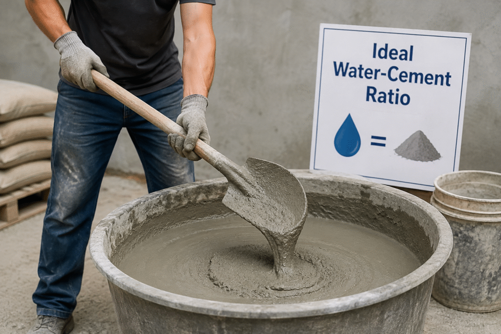A construction worker mixing concrete with the correct consistency.