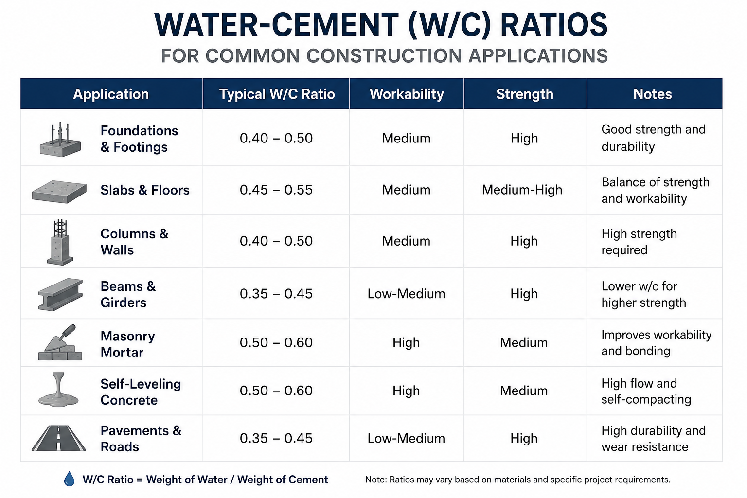 A chart showing different w/c ratios for various construction applications.