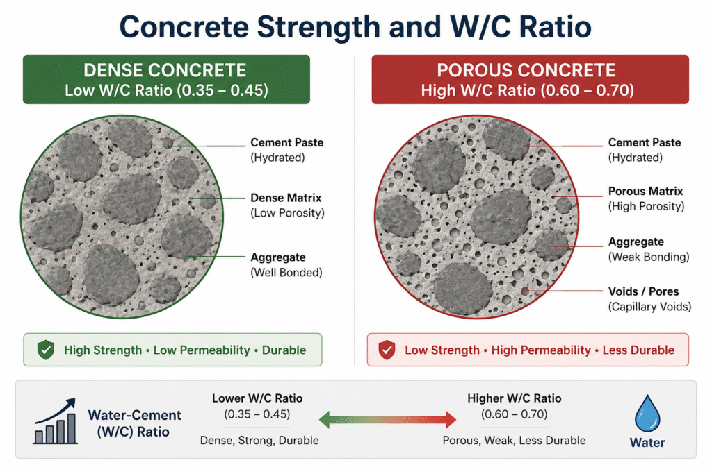 A diagram showing dense vs. porous concrete microstructure.
