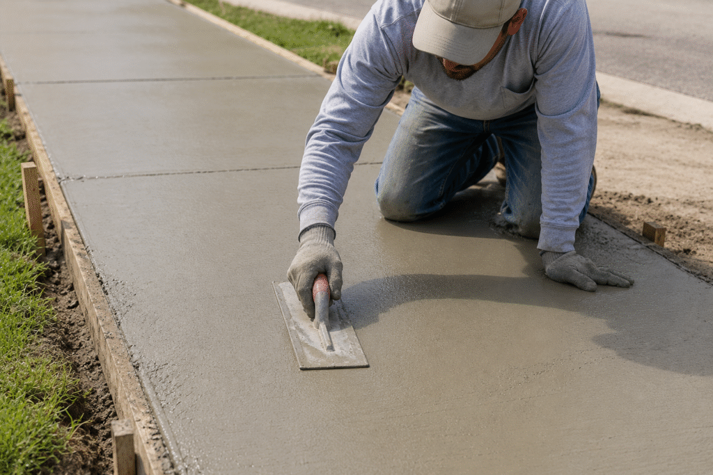 A worker finishing a concrete sidewalk with a trowel.