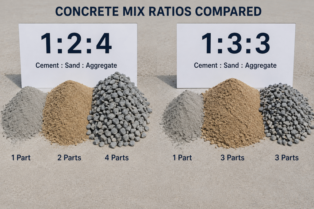 Two piles of aggregate labeled 1:2:4 and 1:3:3.