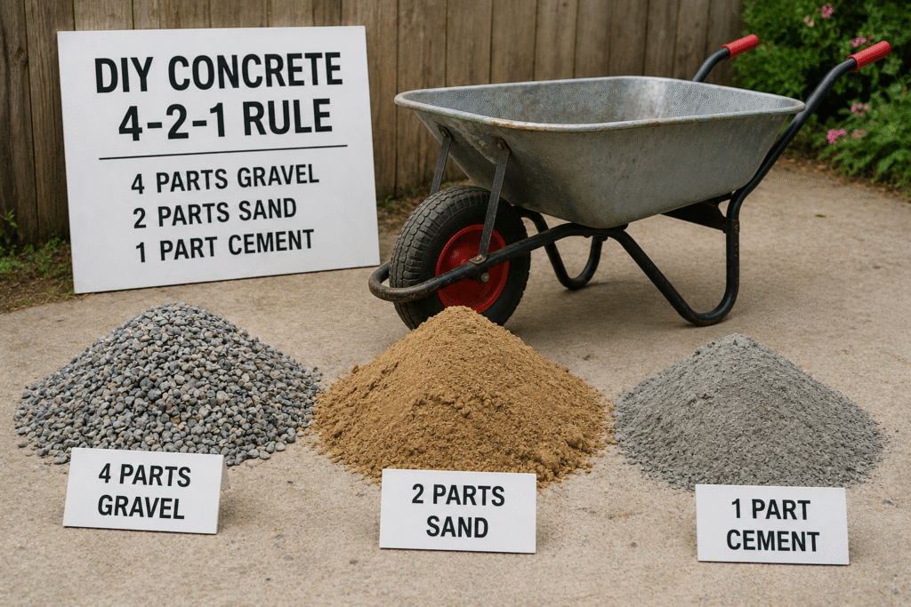 A DIY-style wheelbarrow with piles of gravel, sand, and cement next to it.