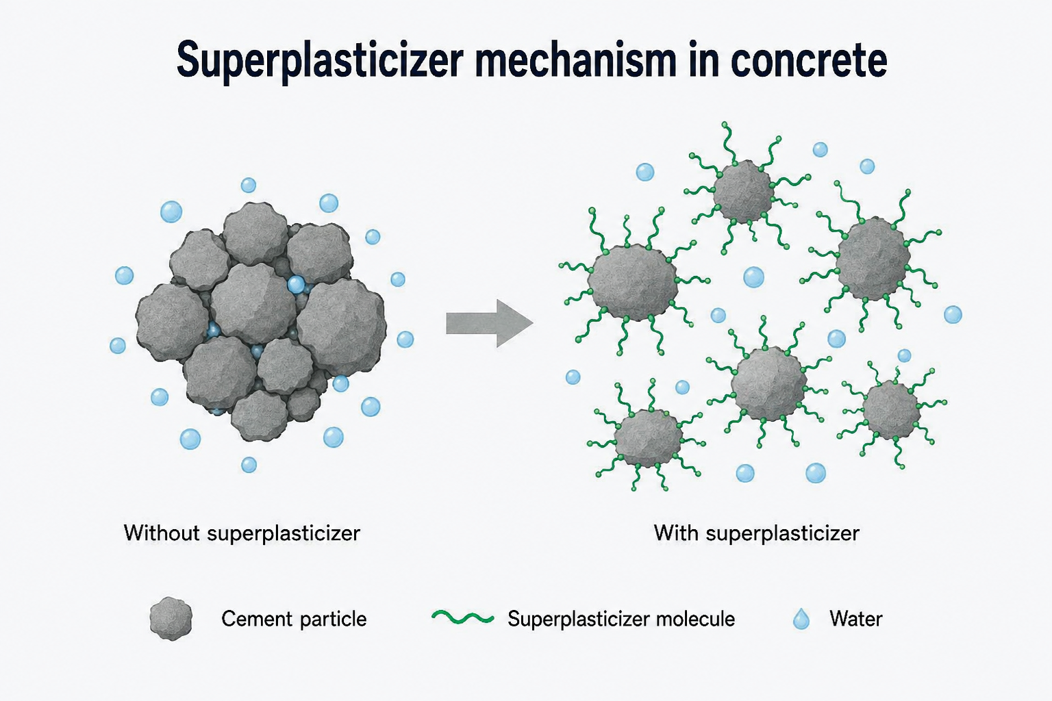 Superplasticizer molecules dispersing cement particles