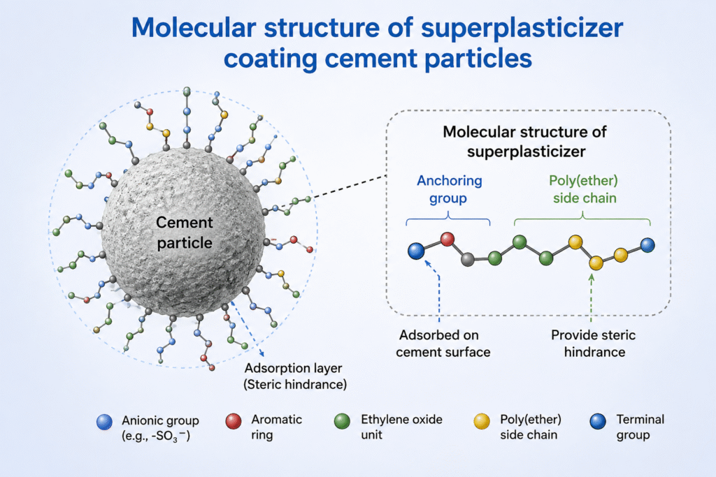 Molecular structure of superplasticizer coating cement particles
