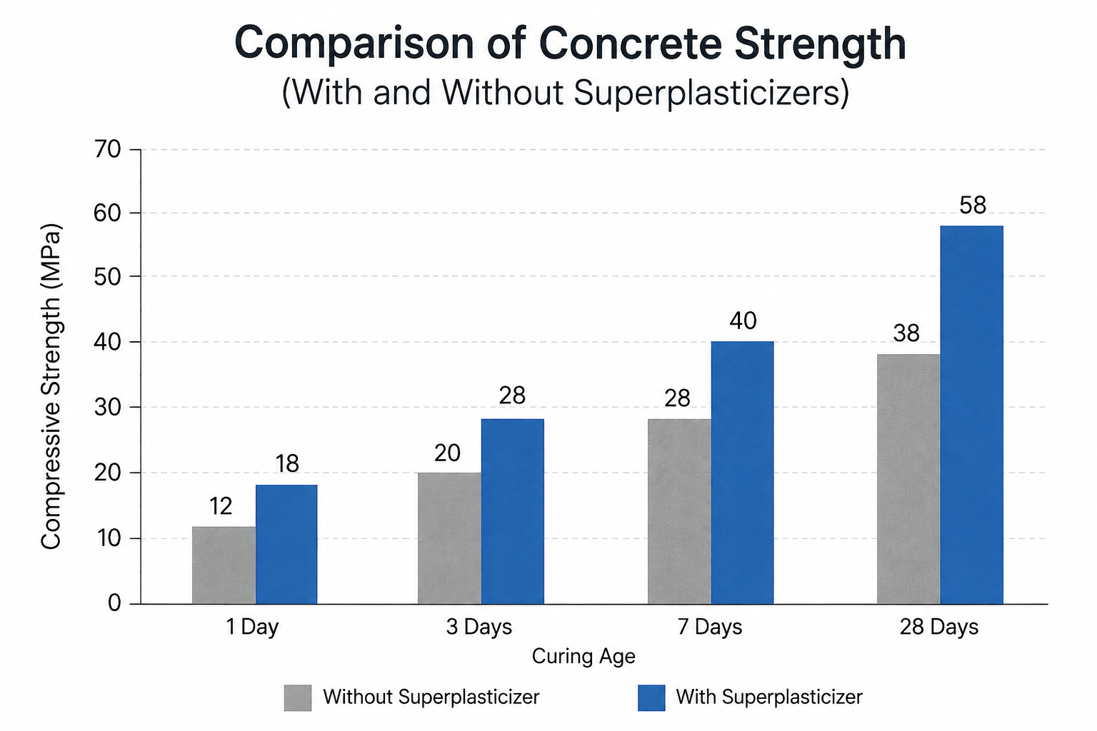 Comparison of concrete strength with and without superplasticizers