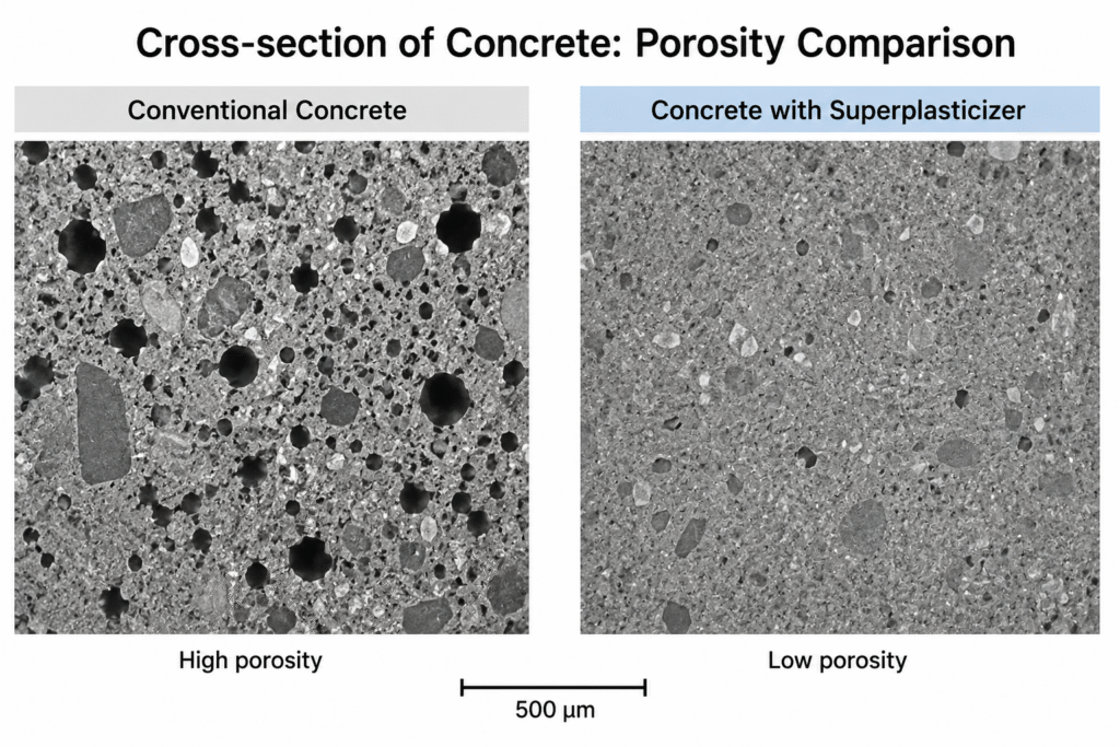 Cross-section showing reduced porosity in superplasticized concrete