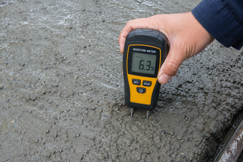 Moisture meter being used on fresh concrete