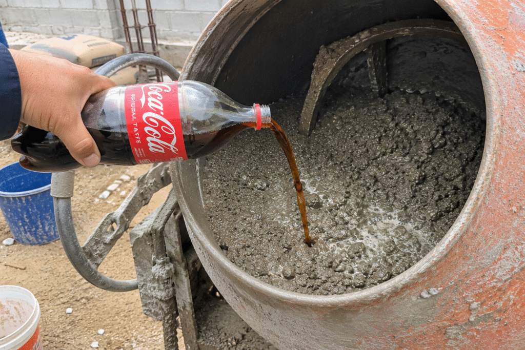 Coca-Cola being poured into concrete mix