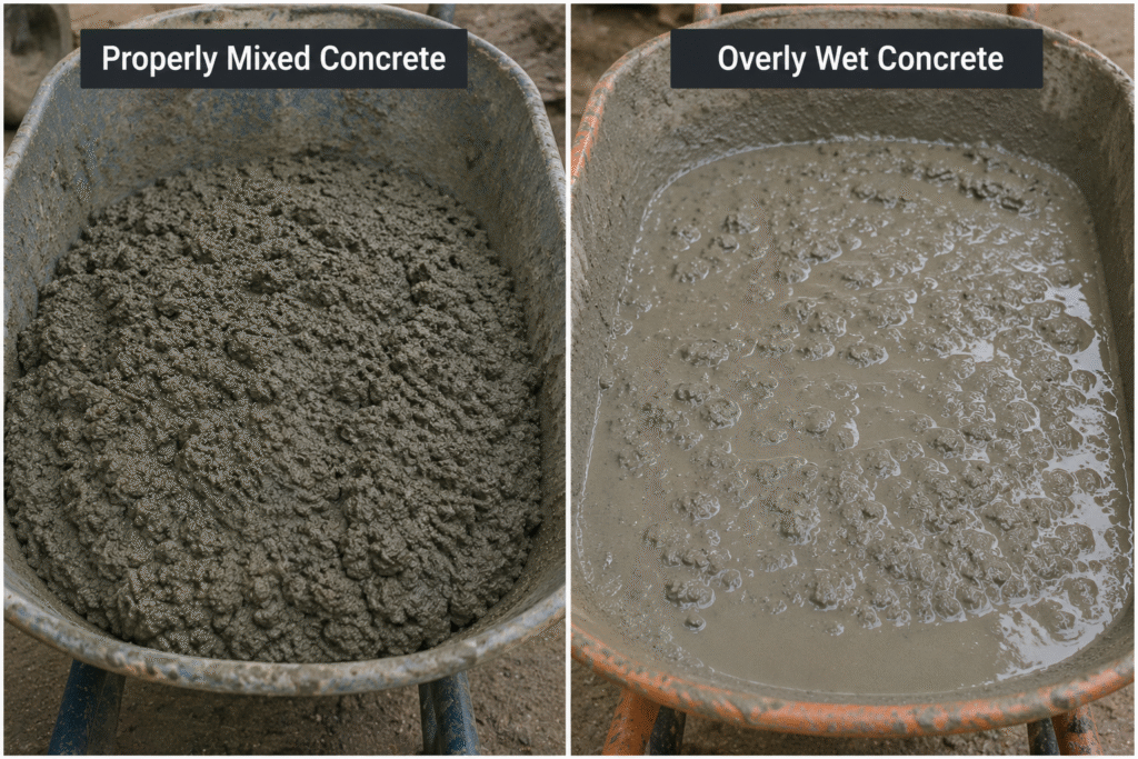 Comparison of properly mixed vs overly wet concrete
