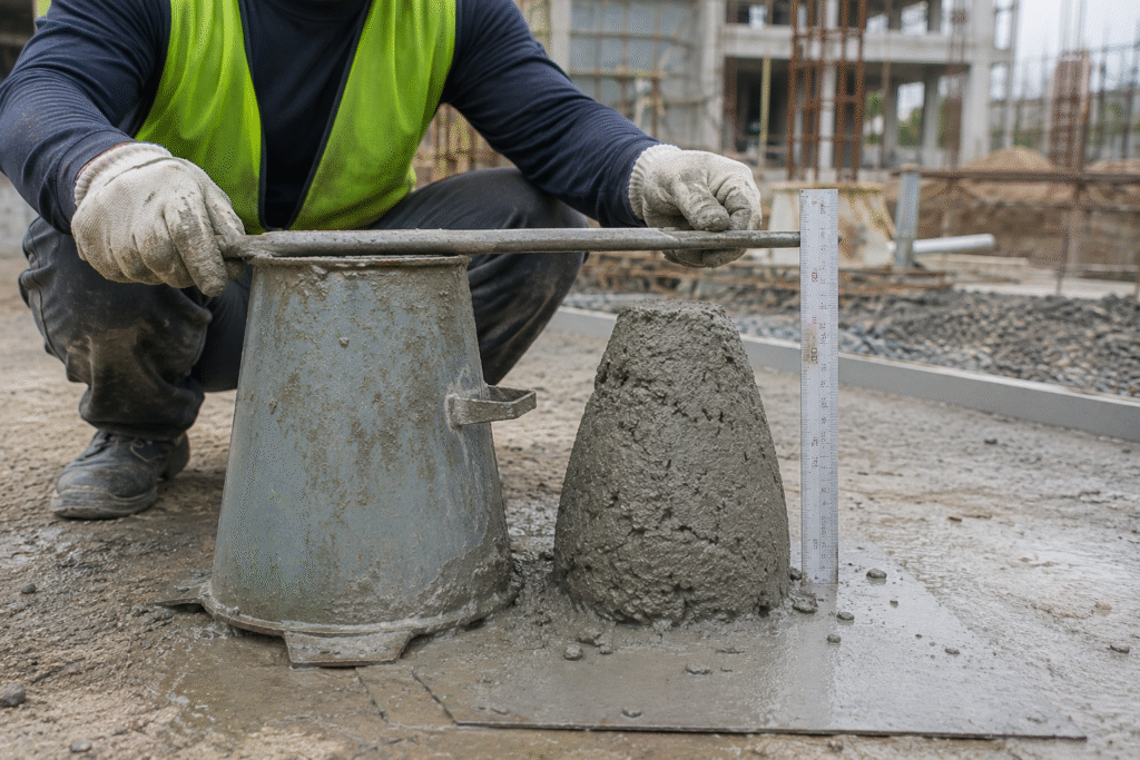 A construction worker performing a slump test on fresh concrete on a job site