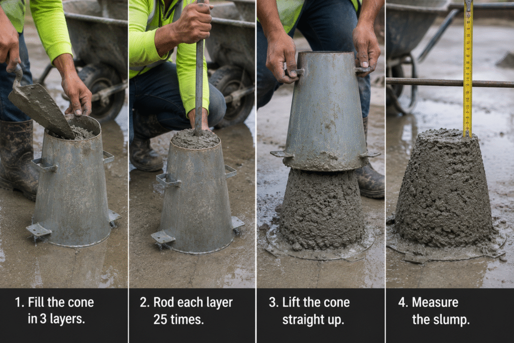 The process of performing a slump test with a cone, rod, and fresh concrete