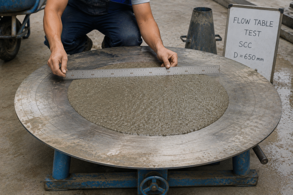 A flow table test showing the spread of self-compacting concrete
