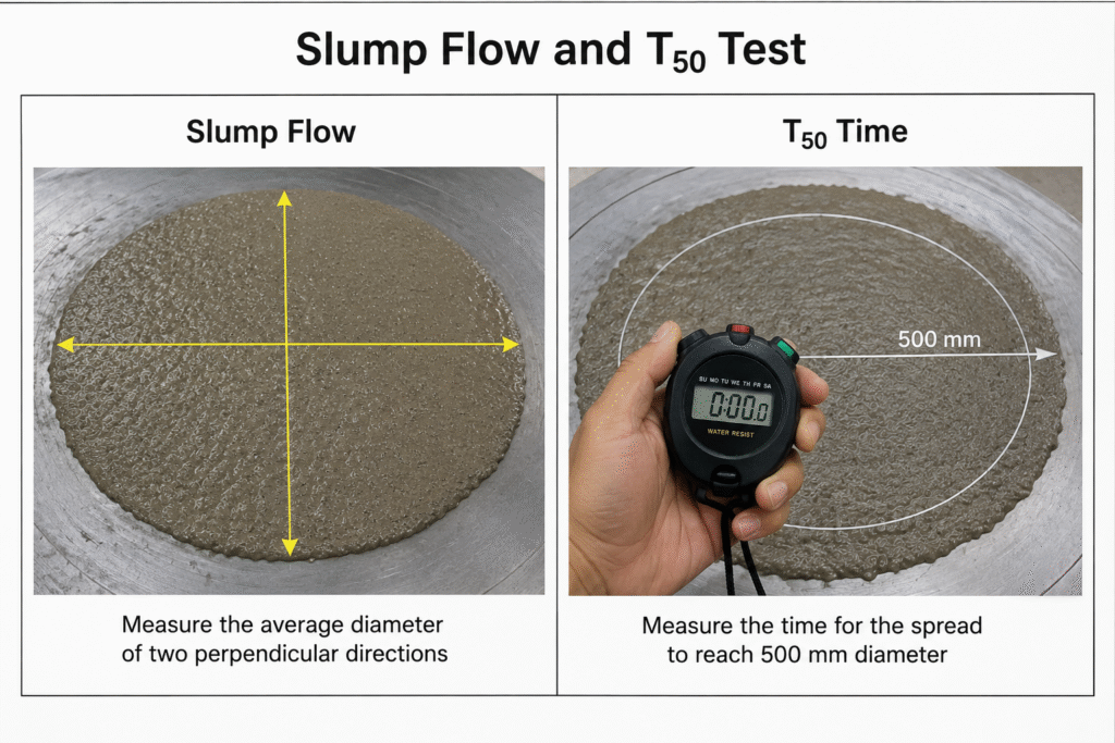 Diagram showing slump flow and T50 measurement for concrete