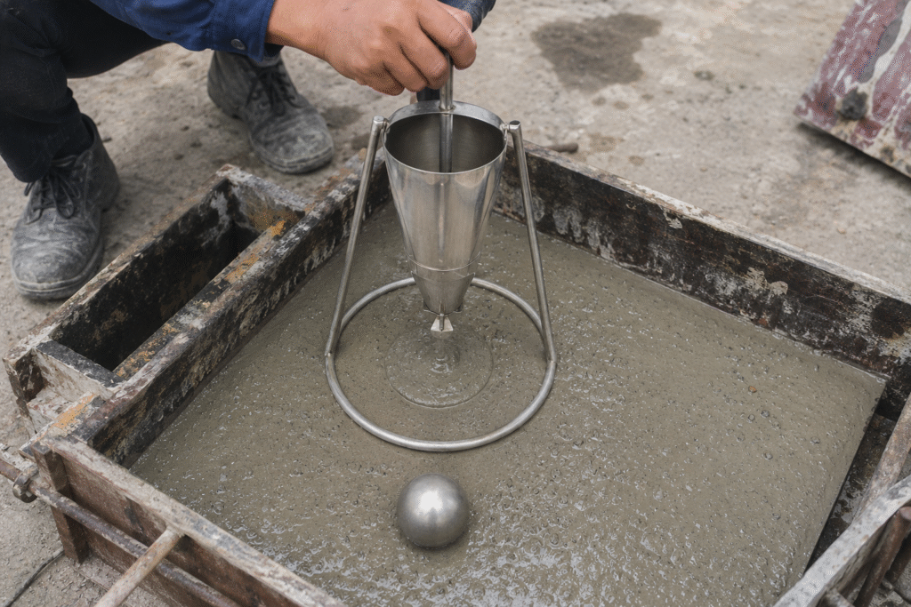 A Kelly Ball apparatus being used on fresh concrete in formwork