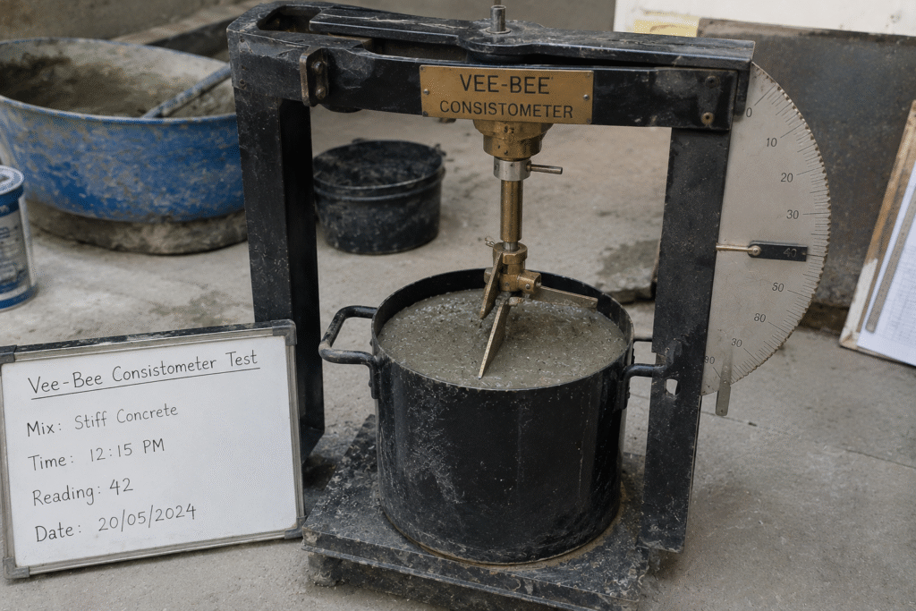 A Vee-Bee Consistometer apparatus with a sample of stiff concrete