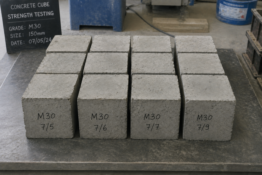 A set of concrete cube samples ready for compression testing