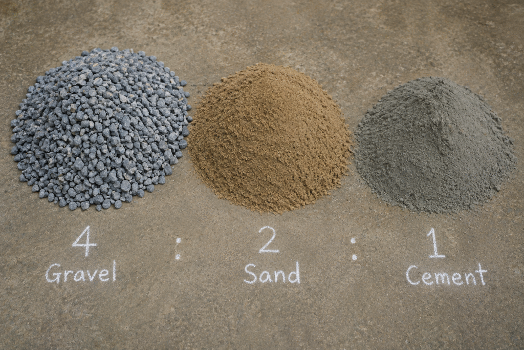 Piles of gravel, sand, and cement showing a volume ratio