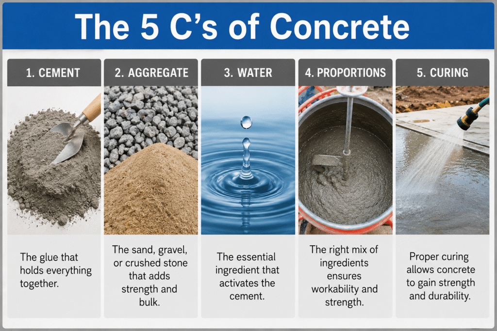 An infographic showing the 5 C's of concrete: Cement, Aggregate, Water, Proportions, Curing