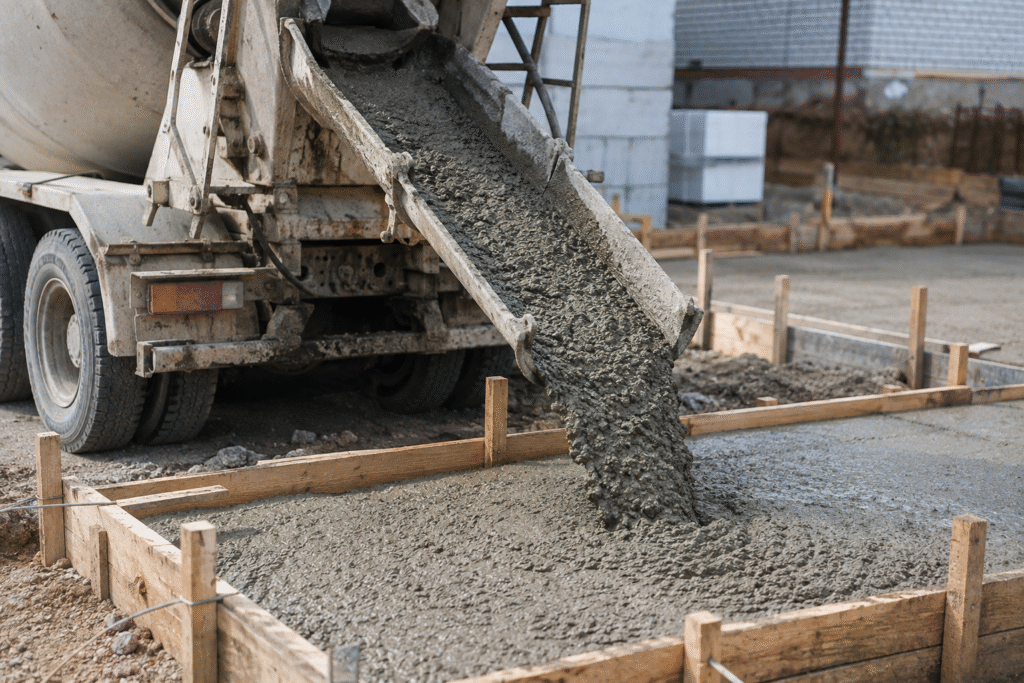 A concrete mixer pouring wet concrete into a formwork.