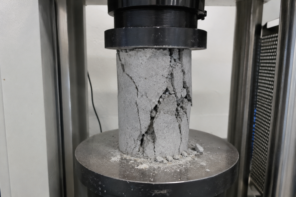 A failed concrete cylinder from a compression test, showing cracks.