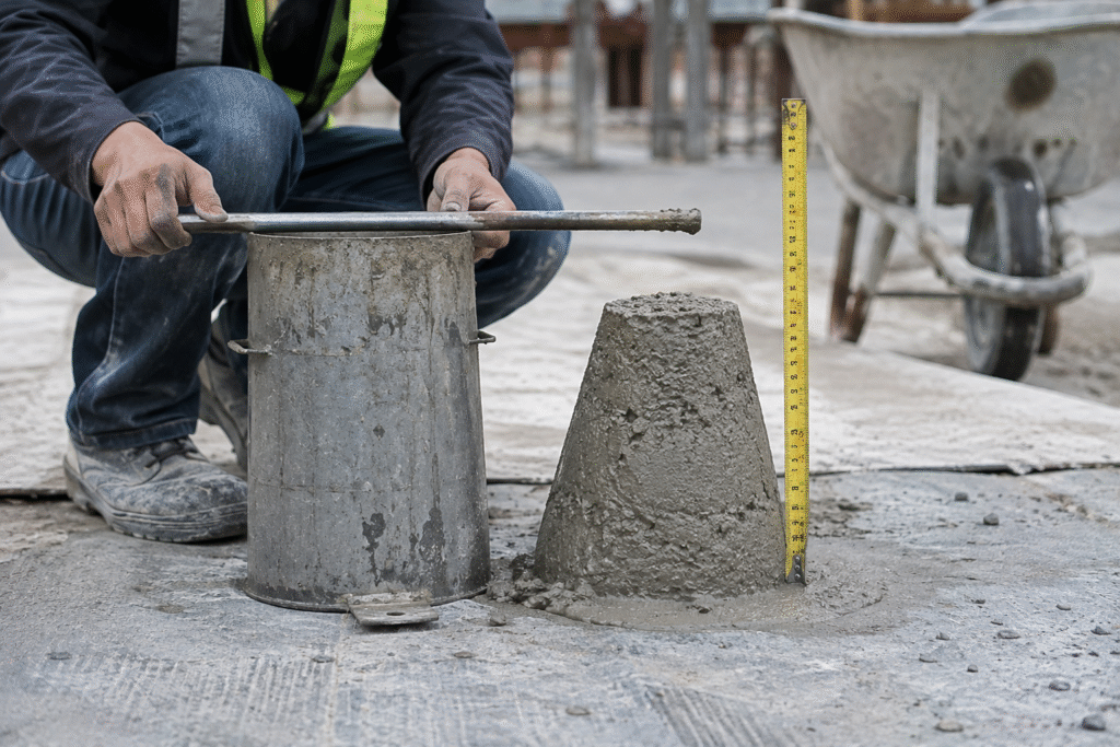 A construction worker using a slump cone to test the workability of fresh concrete.